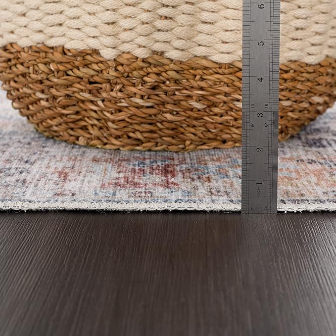 Bloom Rugs Caria Washable Non-Slip 4x6 Rug - Ocean Blue/Brick Traditional Area Rug for Living Room, Bedroom, Dining Room, and Kitchen - Exact Size: 4' x 6'