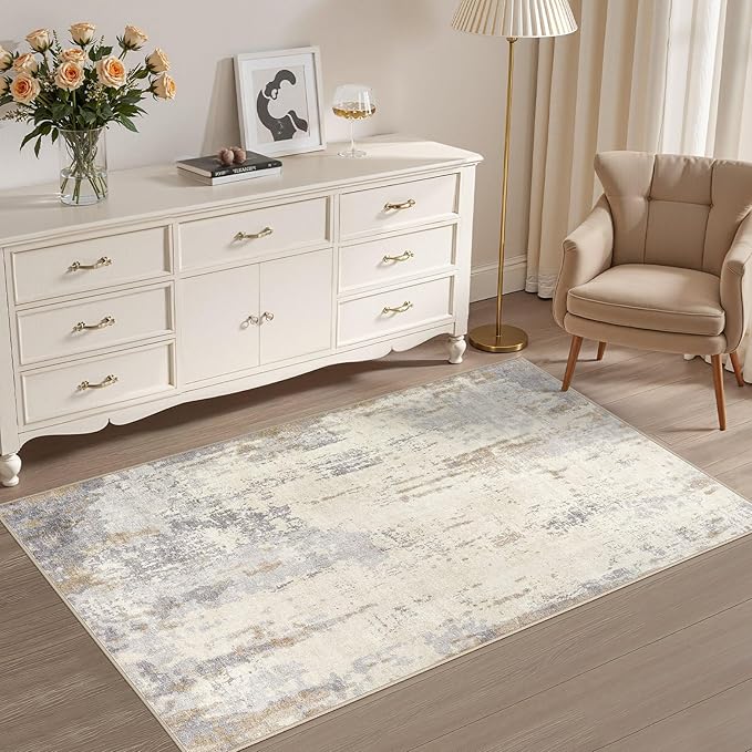 3x5 Area Rug Living Room Rugs - Washable Neutral Modern Abstract Soft Thin Rug Indoor Floor No Slip Rug Carpet for Bedroom Under Dining Table Home Office Decor - Light Brown/Gray