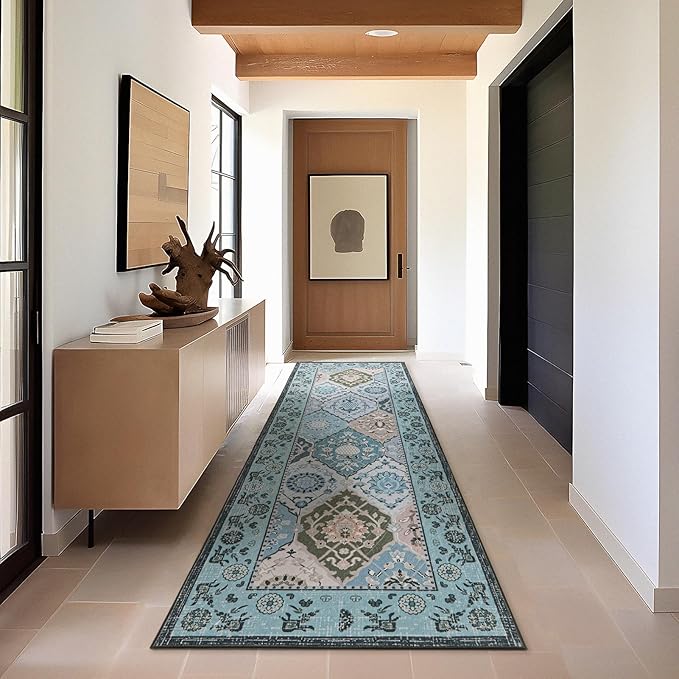 Phantoscope Washable Runner Rug 2'x10' Non-Slip, Vintage Boho Hallway Rugs for Entryway, Stair, Bedroom, Distressed Moroccan Mosaic Diamond Pattern, Low-Pile Foldable Floor Carpet, Blue Teal/Neutral