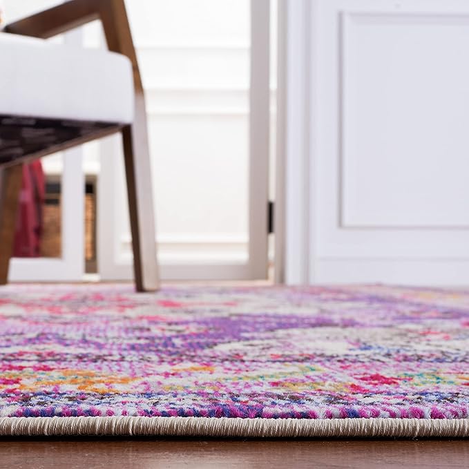 SAFAVIEH Monaco Collection Area Rug - 6'7" Round, Violet & Fuchsia, Boho Chic Medallion Distressed Design, Non-Shedding & Easy Care, Ideal for High Traffic Areas in Living Room, Bedroom (MNC243P)