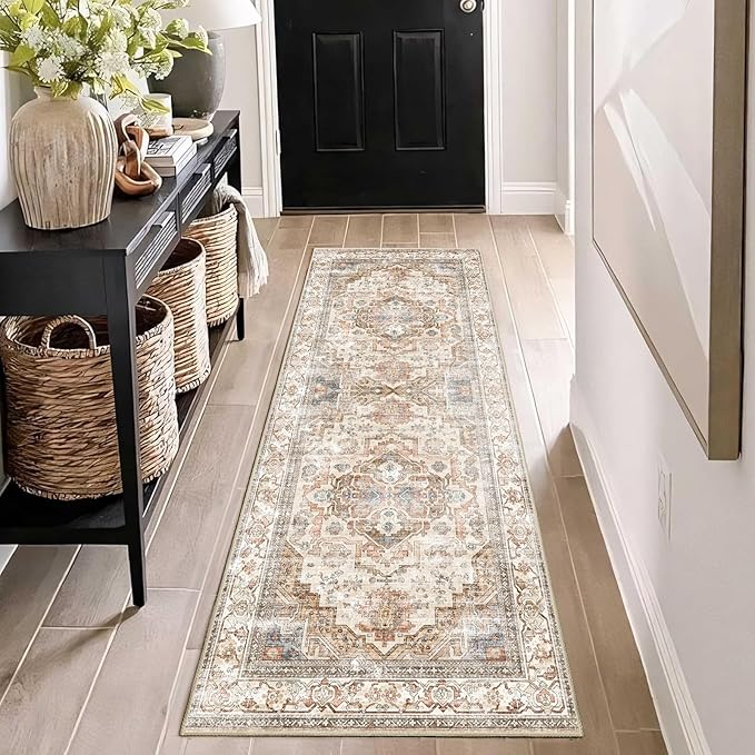 Enkor Runner Rugs for Hallway, 2x6 Washable Soft Non Slip Floor Rugs for Kitchen, Modern Mat for Living Room Bedroom Entryway Beige & Brown
