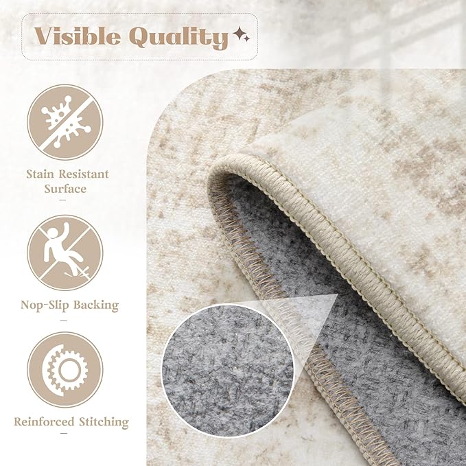 Area Rug 4x6 Washable Rug, Vintage Boho Medallion Rugs Non-Slip Soft Low Pile Distressed Rug Indoor Retro Carpet for Living Room Bedroom Dining Room Home Office (Beige, 4'x6')