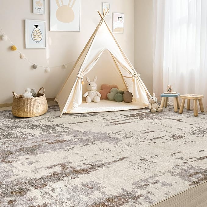 5x7 Area Rug Living Room Rugs - Washable Neutral Modern Abstract Soft Thin Rug Indoor Floor No Slip Rug Carpet for Bedroom Under Dining Table Home Office Decor - Brown/Grey/Beige