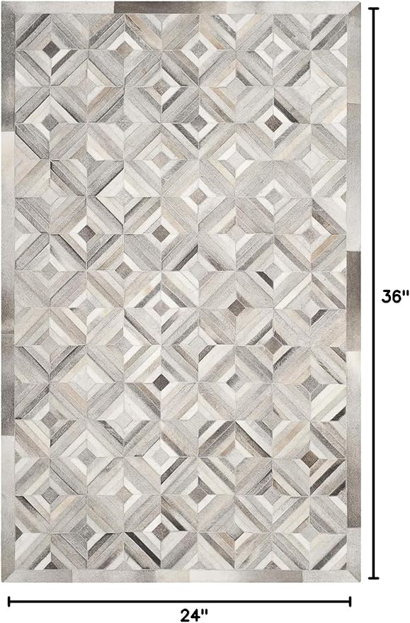 Premium Diamond Pattern Leather Area Rug, Geometric Cowhide Patchwork Carpet - 2X3 ft, Luxury Beige and Grey Non-Slip Floor Accent for Dining Room, Living Room, Hallway