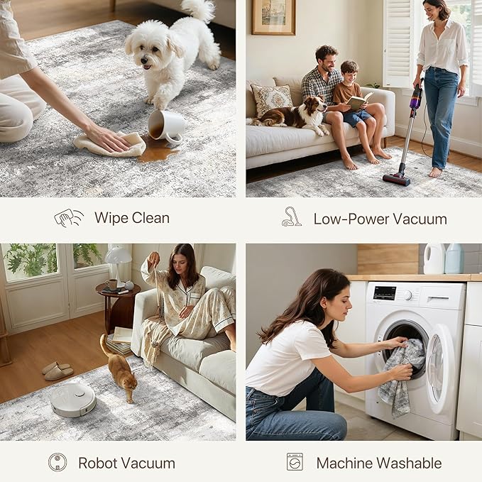 8x10 Area Rugs Washable Grey Rug for Living Room Bedroom, Modern Abstract Large Rug Non Slip, Water Repellent Low Pile Soft Carpet for Dining Room, Home Office, Grey Beige