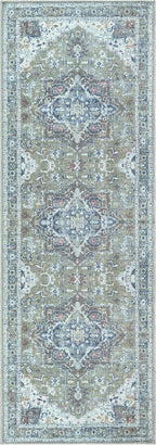 Bloom Rugs Washable Non-Slip 10 ft Runner - Green/Blue Traditional Medallion Runner for Entryway, Hallway, Bathroom, and Kitchen - Exact Size: 2.5' x 10'