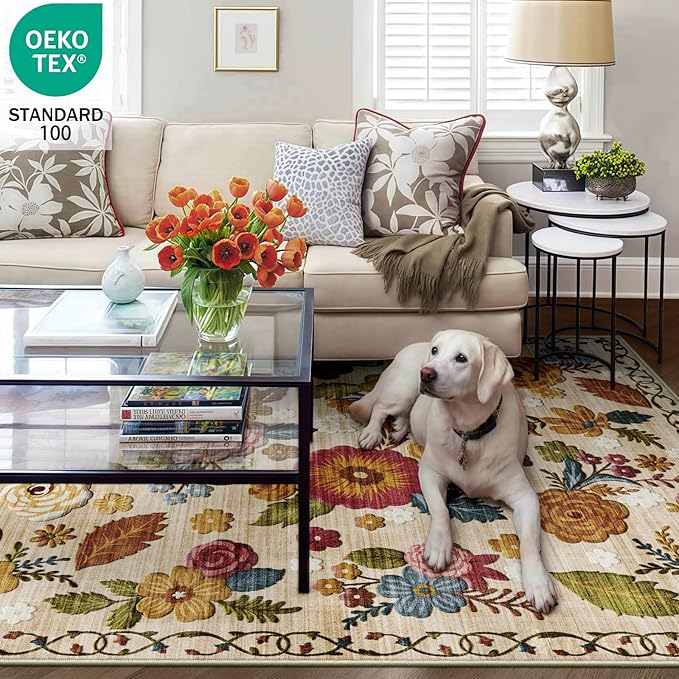 4x6 Machine Washable Area Rug for Living Room, Beige Vintage Boho Floral Rug Large Non-Slip Low Pile Soft Faux Wool Carpet, Kids and Pets Friendly for Bedroom Dining Room Farmhouse Home Decor Rug