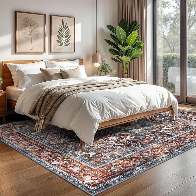 KOZYFLY Boho Area Rug 6x9 Ft Thin Rugs for Living Room Washable Bedroom Rug Non Slip Rugs Printed Faux Wool Vintage Bedroom Rug Floor Carpet for Dining Room Living Room, Brick Red/Orange/Green