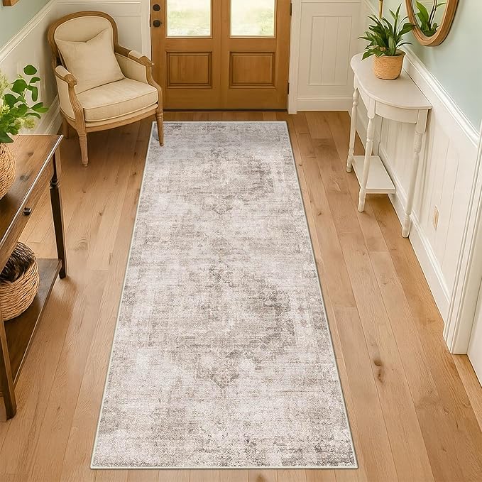 Stain Resistant 2x6 Kitchen Runner Rugs Washable Non Slip - Beige Tan Long Bathroom Runners, 0.25" Low Pile Rubber Backing Rug for Hallway, Entrance Indoor, Modern Farmhouse Home Décor