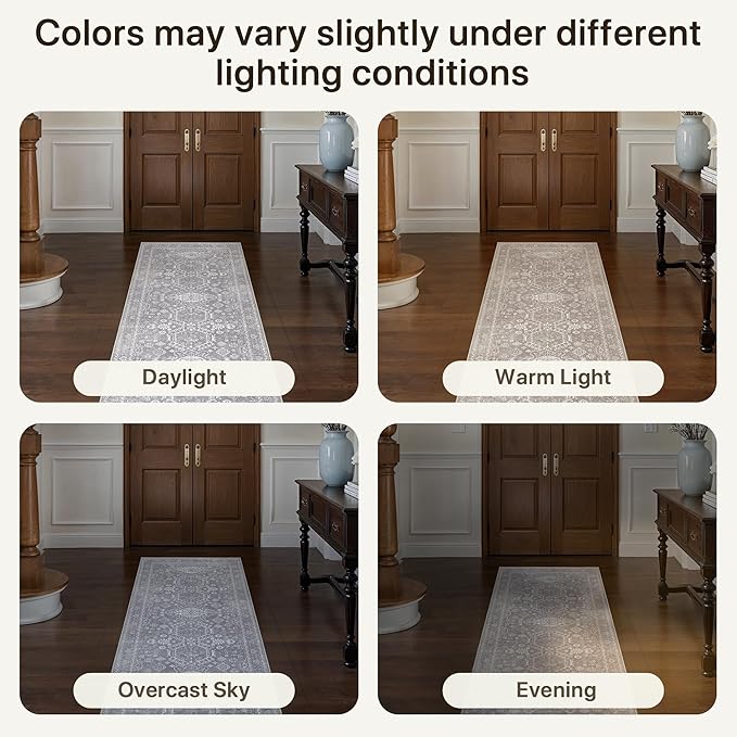 Bavni Washable Runner Rug 2’6”x10, Non Slip Vintage Hallway Runner, Ultra Thin Low Pile Washable Carpet for Kitchen Entryway Bedroom, Grey