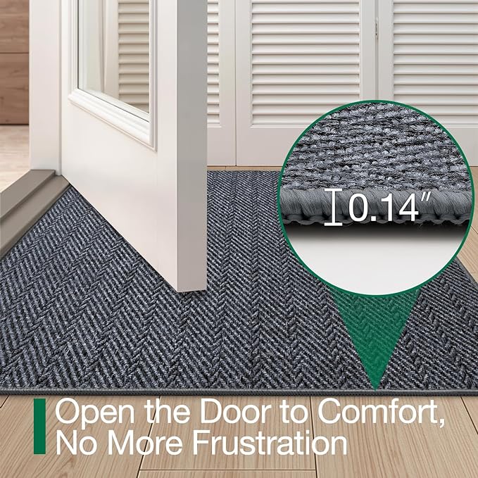 LUMI Ultra Thin Indoor Door Mat for Entrance 48"x72", Non Slip Entryway Mat, Low Profile Doormat, Unique Herringbone Design Carpet for Inside, Patio, Porch, Medium Gray
