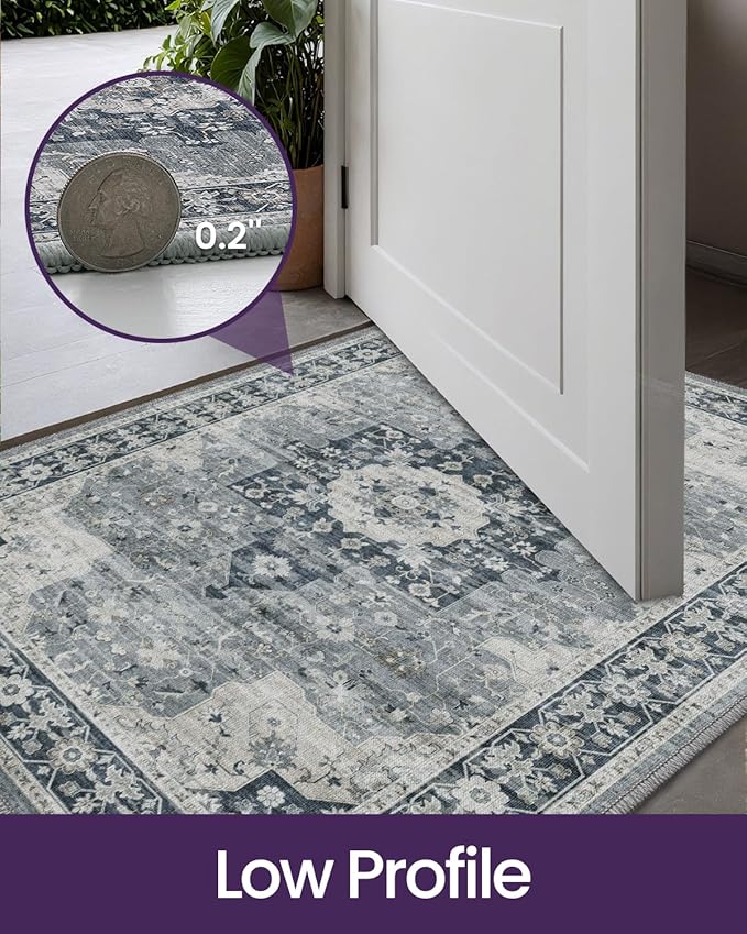 DEXI Area Rugs for Entryway 2x3, Washable Low Pile Vintage Traditional Entry Rug Non Slip, Small Indoor Door Mat for Bedroom Kitchen Entrance Hallway, Blue Grey