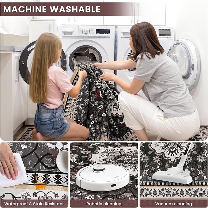 2' x 3' Black Washable Area Rugs, Non-Slip Entryway Rug, Boho Low Pile Door Mat Indoor Entrance, Floral Medallion Pattern Vintage Rugs for Kitchen Bedroom Bathroom Laundry Living Room Farmhouse