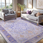 Area Rugs 5'x7' Washable Non-Slip, Floral Vintage Distress Print Pattern Medallion Carpet for Living Room Bedroom Dining Room, Light Purple Brown