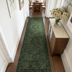 Tranditional Medallion 2x8 Dark Green Runners for Hallways Entryway, Low Pile Washable Non Slip Distressed Printed Carpet Runner Rug 8ft for Kitchen/Bedroom Bedside/Laundry Room/Bathroom