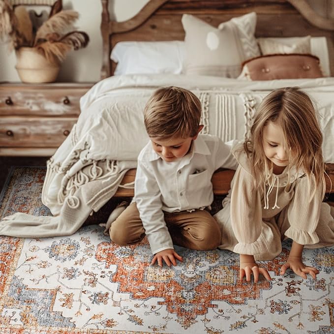 JINCHAN Area Rug 3x5 Vintage Washable Entryway Rug Floral Medallion Floor Cover Lightweight Non Slip Thin Retro Classic Soft Boho Farmhouse Carpet for Living Room Bedroom Dining Room Kitchen Brick Red