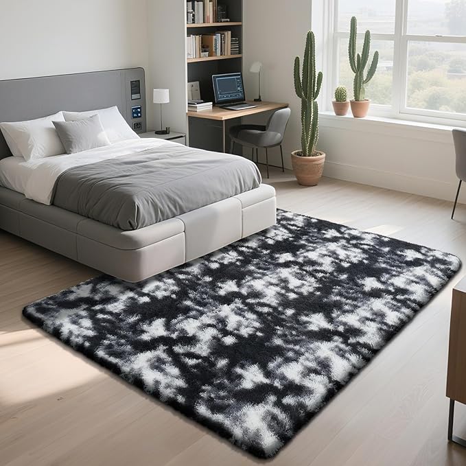 Fluffy Rug Shaggy Area Rug, Mottling Black 9x12 Area Rugs for Living Room, Large Shag Area Rugs for Bedroom Kids Room Home Decor, Upgrade Anti-Skid Rectangular Fuzzy Rugs