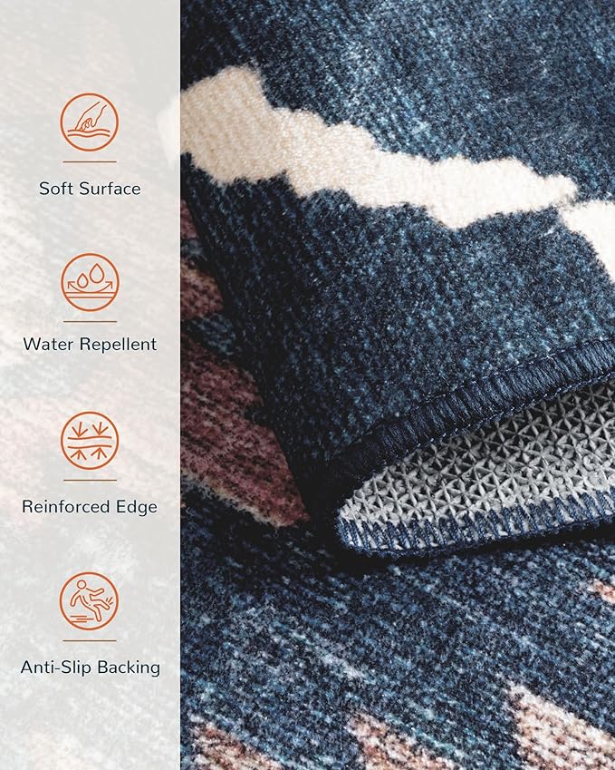 Area Rug 9x12 Rug Machine Washable Non-Slip Low Pile Print Pattern Western Rug for Living Room Bedroom Entryway Tribal Series -Darkblue