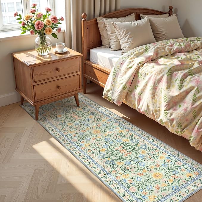 Lahome Washable Runner Rug 2x6, Boho Bathroom Rug Runner, Vintage Floral Soft Thin Indoor Throw Carpet for Entryway Bedroom Hallway Bath Laundry Room, Green/Multi