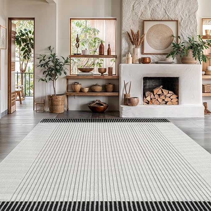Modern Micro Loop Indoor Area Rugs for Living Room Bedroom Kitchen Geometric Striped Black-White 9x12 Luxury Durable Low and High Pile Non-Shedding Stain Resistant Soft Area Carpet 9 x 12