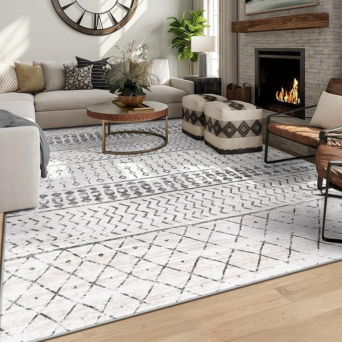 6x9 Machine Washable Area Rug for Living Room, Grey White Vintage Moroccan Rug Large Non-Slip Low Pile Soft Faux Wool Carpet, Kids and Pets Friendly for Bedroom Dining Room Farmhouse Home Decor Rug