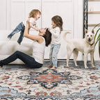 Washable Rugs 5x7 Area Rugs for Living Room, Thin Carpet for Bedroom, Soft Faux Wool Retro Dining Room Rug，Non Slip&Non-Shedding Resistant Low Pile Vintage Print Rug for Home Office (Blue/Gray)