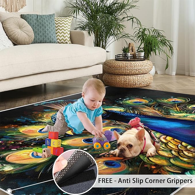 Peacock Rugs for Bedroom - 5x6 Area Rug - 3D Peacock Rugs for Living Room, Abstract Watercolor Animal Rug, Non-Slip Washable Home Decor Carpet