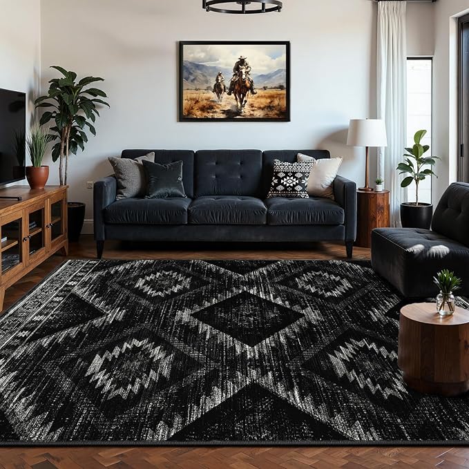 Area Rug 7x9 Rug Machine Washable Non-Slip Low Pile Print Pattern Western Rug for Living Room Bedroom Entryway Tribal Series-Black