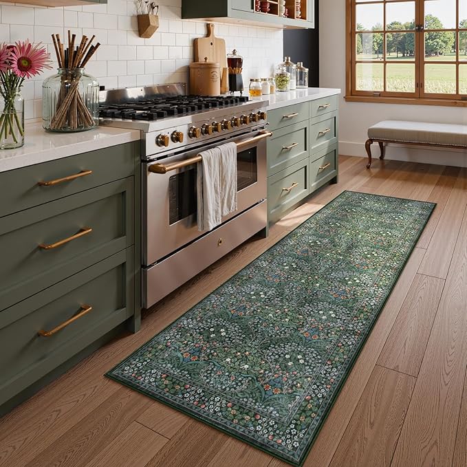 Lahome Floral Washable Runners for Hallways, 2x6 Runner Rug Non Slip Ultra-Thin, Boho Soft Hallway Rug Forest Green Carpet for Kitchen Bedroom Bathroom Laundry Room, Dark Green