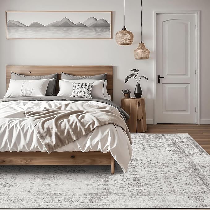 ReaLife Rugs Machine Washable Area Rug - Living Room Bedroom Bathroom Kitchen Entryway Office - Padded Low Pile Stain Resistant Premium - Boho Farmhouse Vintage - Noor - Ivory Grey 4' x 6'