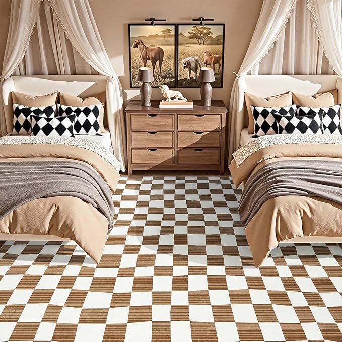 jinchan 8x10 Brown Checkered Area Rugs for Kids Room - Machine Washable Rug Modern Neutral Geometric Lattice Soft Non-Slip Carpet for Nursery Playroom Classroom Living Room Bedroom Dining Room