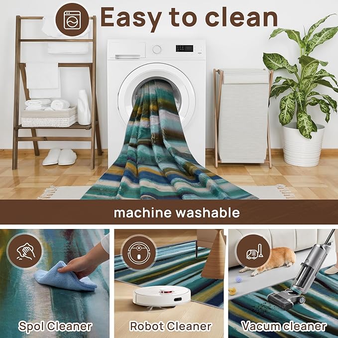 Abstract 9x12 Area Rug, Modern Stripe Teal Rugs for Living Room, Washable Soft Large Non-Slip Floor Carpet for Dining Room Office Bedroom Farmhouse Decor - Teal/Multi