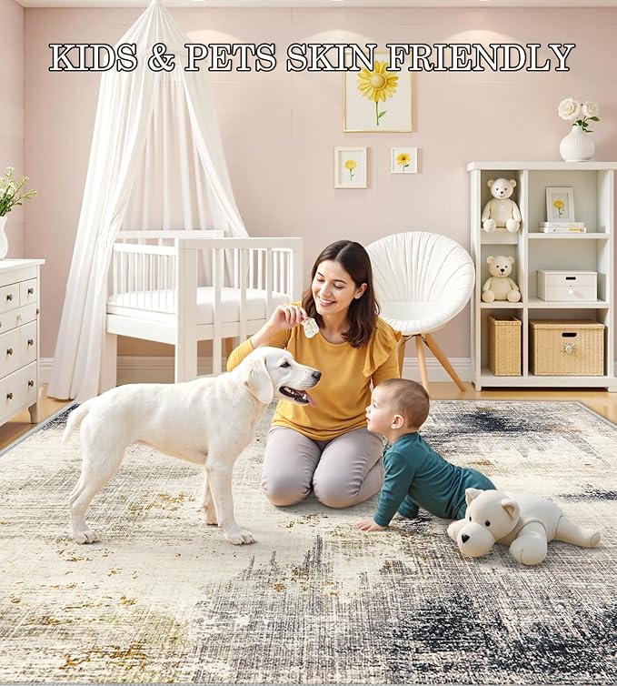 4x6 Washable Area Rugs - Modern Abstract Rugs for Living Room Non-Slip Low Pile Soft Machine Washable Carpet for Bedroom, Dining Room, Nursery, Home Office, Farmhouse (4'x6' Beige Tan)