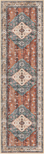 KOZYFLY Runners for Hallways 2x7 Ft Washable Kitchen Runner Rug Boho Runner Rug for Entryway Indoor Rust/Orange/Blue Printed Oriental Faux Wool Floor Carpet Runner for Bedroom Kitchen Hall