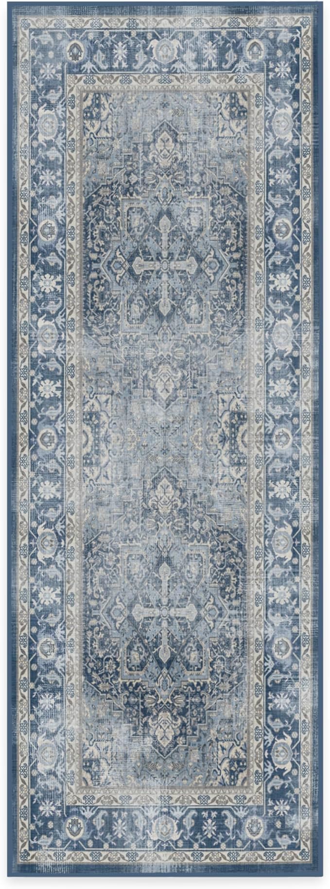 RUGGABLE Washable Vintage Runner Rug – Kamran Admiral Blue 2.5x7, Stain-Resistant, Non-Slip Hallway Runner – Machine Washable Rug for Hallway, Entryway, Living Room & Kitchen–with Cushioned Pad