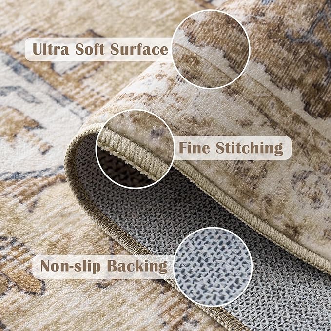 jinchan Kelda Area Rug 6x9 Washable Living Room Rug Vintage Soft Indoor Large Floor Cover Retro Distressed Mat Accent Lightweight Non-Slip Thin Carpet for Kitchen Bathroom Bedroom Brick Red