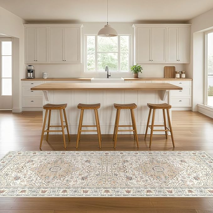 Runner Rug Kitchen Washable Rugs: 3x8 Non-Slip Boho Soft Vintage Stain Resistant Indoor Floor Neutral Farmhouse Throw Carpet for Hallway Bathroom Laundry Room Entryway Bedroom- Cream