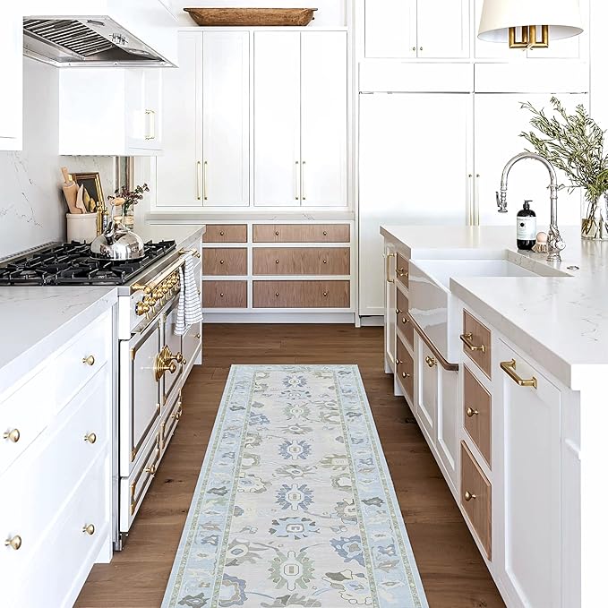 Fame Living Cream Blue Oushak Runner Rug, Modern Runners, Vintage, Turkish, Eclectic, Floral, Pastel, Washable, Runner for Hallway, Kitchen, Bedroom, Bathroom, 2'5"x9'8"