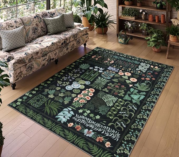 Floral Boho 5x7 Area Rugs for Living Room, Botanical Black Washable Bedroom Rug Non Slip, Large Soft Indoor Throw Carpet for Entryway Kitchen Dining Room Office (Black,5 x 7)