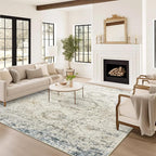 5x7 Area Rugs Blue Ivory Low Pile Indoor Washable Trendy Faded Style Rugs for Bedroom Living Room Dining Room Foldable Non-Slip Thin Print Mat