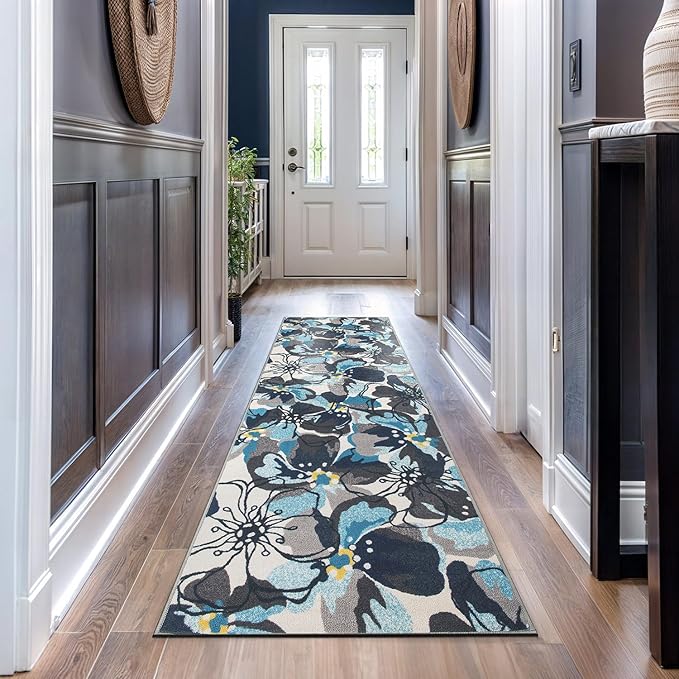 Rugshop Gray Large Floral Non-Slip Runner Rug Fade Resistant for Hallway, Entryway and Kitchen, 2'7" x 12'