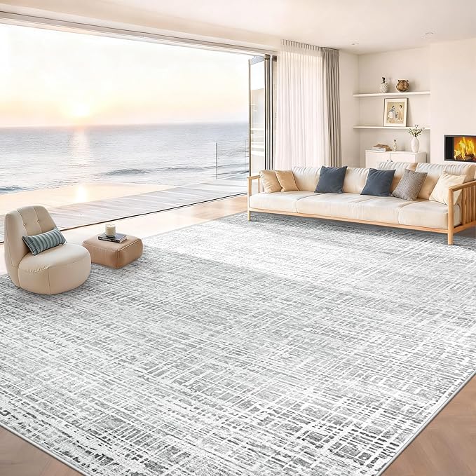 9x12 Area Rugs for Living Room, Washable Large Area Rug Neutral Modern Abstract Bedroom Rug Soft Non Slip Low Pile Stain Resistant Indoor Carpet for Kids Playroom Dining Room Office(Grey, 9'x12')