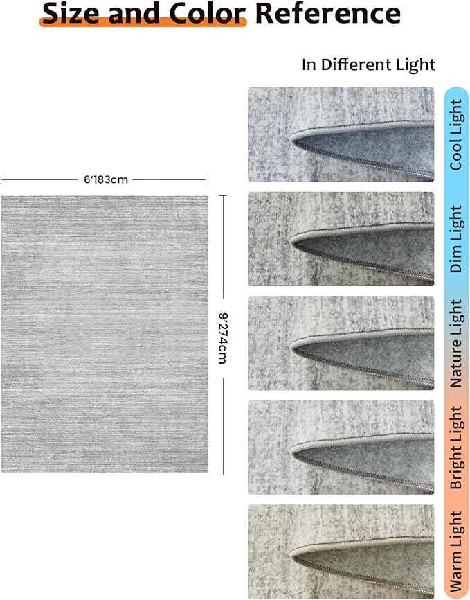 Art&Tuft Washable Rugs 6x9, Low Pile Area Rugs for Living Room - Non Slip and Stain Resistant Soft Thin 6x9 Rug for Bedroom, Dining Room, Kitchen, Office, Grey