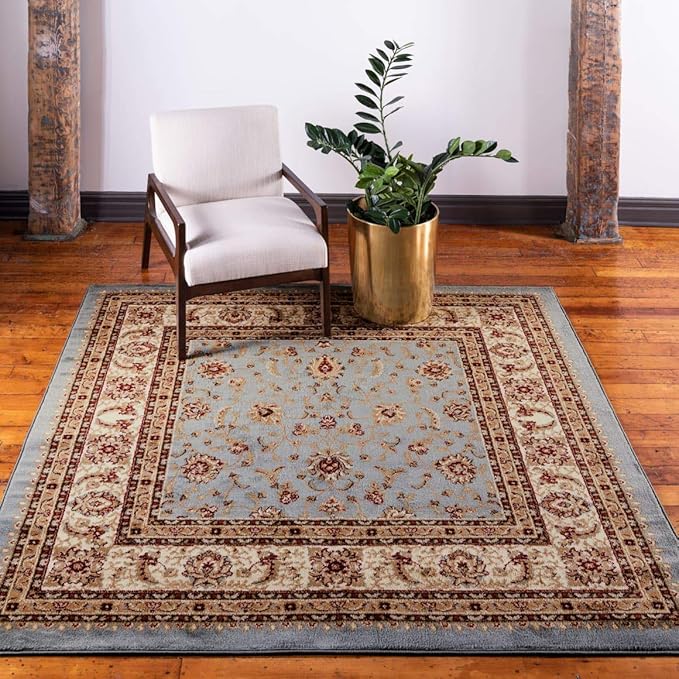 Unique Loom Voyage Collection Traditional Oriental Classic Intricate Design Area Rug (4' 0 x 4' 0 Square, Light Blue/Gold)