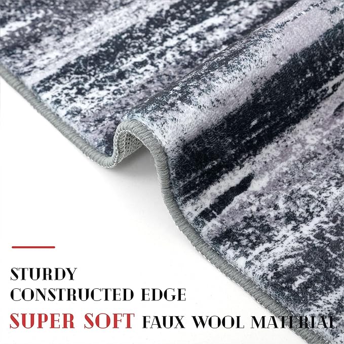 Modern Abstract Hallway Runner Rug, Black Grey Washable Entryway Runner Non-Slip Soft 2x8 Runner Rug Thin Print Faux Wool Carpet for Kitchen Bedroom Laundry Room Indoor Home Decor