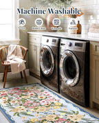 Floral Rugs for Living Room - 9x12 Soft Washable Area Rug Stain Resistant Ultra-Thin Non-Slip Low Pile Farmhouse Vintage Large Carpet for Bedroom Dining Room Nursery Home Office Decor, Blue