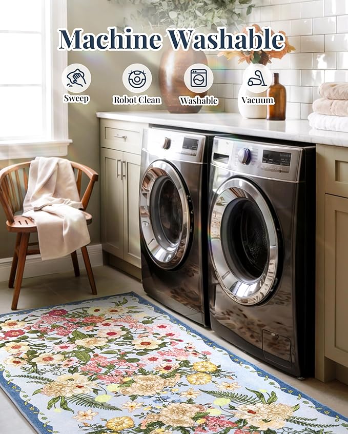 Area Rug for Living Room - 8x10 Washable Floral Rugs Non-Slip Soft Low Pile Bedroom Rug Under Bed Stain Resistant Accent Indoor Floor Carpet for Dining Room Playroom Home Office Decor, Blue