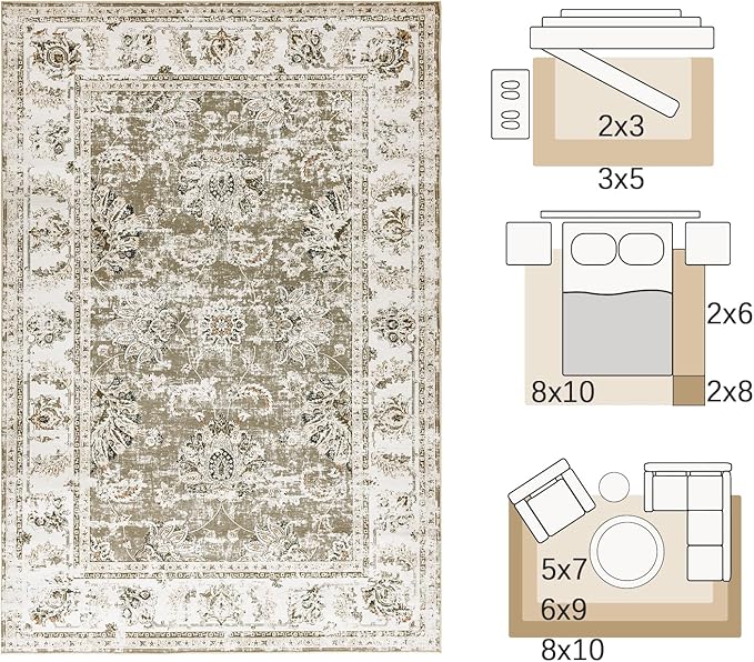 jinchan Fiora Vintage Floral 5x7 Area Rugs for Bedroom - Machine Washable Distressed Design Stain Resistant Boho Carpet Ultra-Thin Low Pile Non-Slip Rug for Living Room Dining Room (5'x7', Taupe)