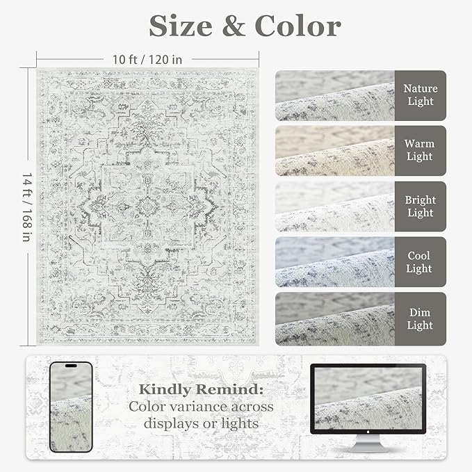 Extra Large Area Rugs 10x14 for Living Room, Farmhouse Distressed Printed Carpet Rugs for Bedroom Low Pile Thin, Non Slip Washable Neutral Boho Rug for Dining Room, Off White/Grey