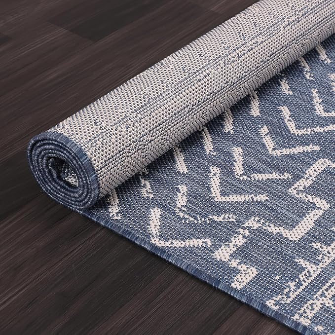 Beverly Rug Waikiki Indoor Outdoor Rug 6x9, Washable Outside Carpet for Patio, Deck, Porch, Trellis Area Rug, Water Resistant, Blue - White